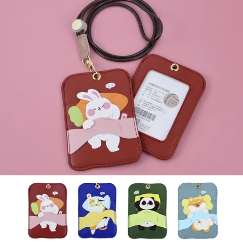 Cartoon Dier Vrucht Vorm PU Leer ID Kaarthouder Met Lanyard Creatieve Studenten Badge Bus Kaart Beschermhoes