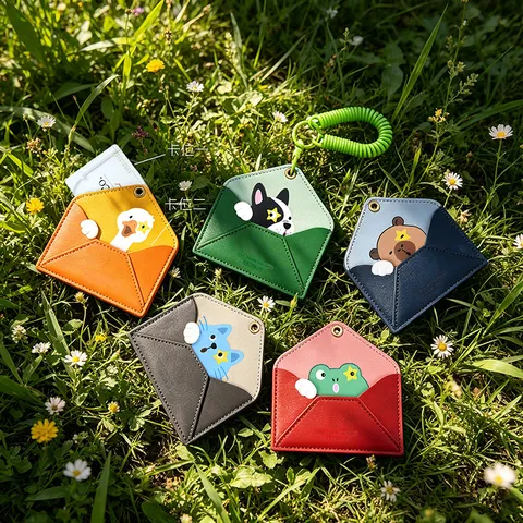 Cartoon Capibara PU-leer Kaarthouder Envelopstijl ID Creditcardhoes Met Veer Lanyard Sleutelhanger Voor Studenten Kinderen