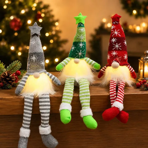 LED Beleuchtete Weihnachtsgnome Nordischer Gestreifter Hut Schwedische Tomte Plüschpuppe Mit Stern Schneeflocke Muster Ornament