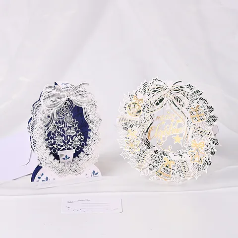 3D Christmas Pop-Up Greeting Cards Laser Cut Specialty Paper Cards For Holiday Blessing Christmas Tree Wreath Desktop Decor Ornament