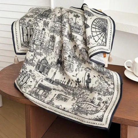 Foulard Quadrato Vintage da Donna con Stampe e Nappine Retrò Francese Effetto Raso Sciarpa Collo Fascia Capelli Accessori Festa
