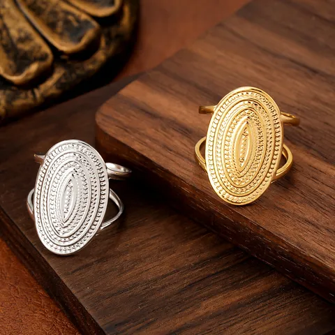 Vintage Bohemian Stainless Steel Open Ring For Women Oval Concentric Texture Irregular Adjustable Niche Fashion Jewelry