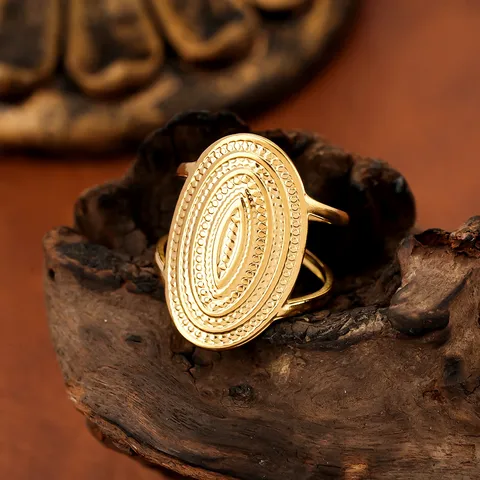 Vintage Bohemian Stainless Steel Open Ring For Women Oval Concentric Texture Irregular Adjustable Niche Fashion Jewelry