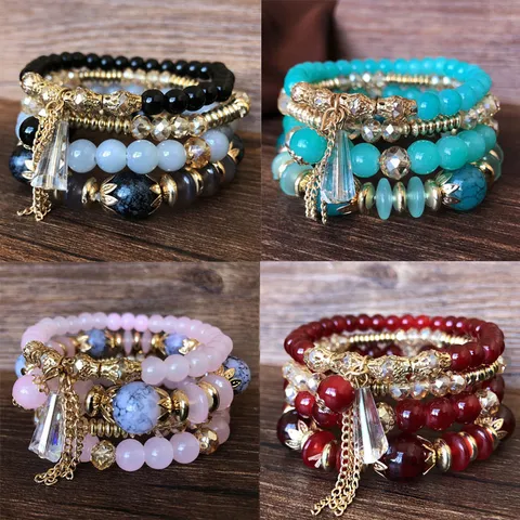 Bracelet Bohème en Perles de Cristal pour Femme Bracelet Multirang en Perles avec Gland Alliage Acrylique Bijou Cadeau