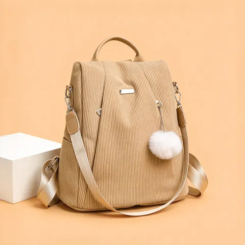 Women Corduroy Backpack Large Capacity Fashion Korean Style Lightweight Travel School Bag For Daily Commute Casual Daypack With Fur Ball Pendant