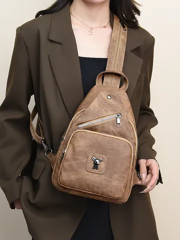 Women Fashion PU Leather Multi-functional Backpack Chest Bag Large Capacity Urban Minimalist Outdoor Travel Bag With Metal Rabbit Logo Decor