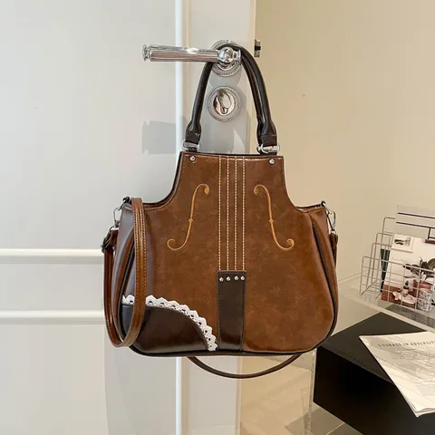 Vintage Violinenförmige PU-Leder Umhängetasche Für Damen Trendige Kontrastfarbene Nähte Handtasche Mit Spitzenbesatz