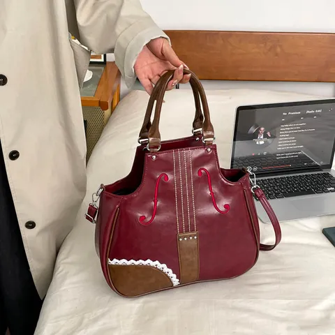 Vintage Violinenförmige PU-Leder Umhängetasche Für Damen Trendige Kontrastfarbene Nähte Handtasche Mit Spitzenbesatz
