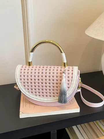 Vintage Halbkreis Satteltasche Strass Geflochtene Textur Metallgriff PU Leder Umhängetasche Mit Quaste Für Damen