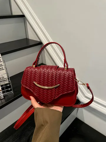 Damen Vintage Retro Webtextur Umhängetasche Einfarbige Quadratische Umhängetasche Mit Goldener Bogenschnalle Elegante Pendler PU Leder Handtasche