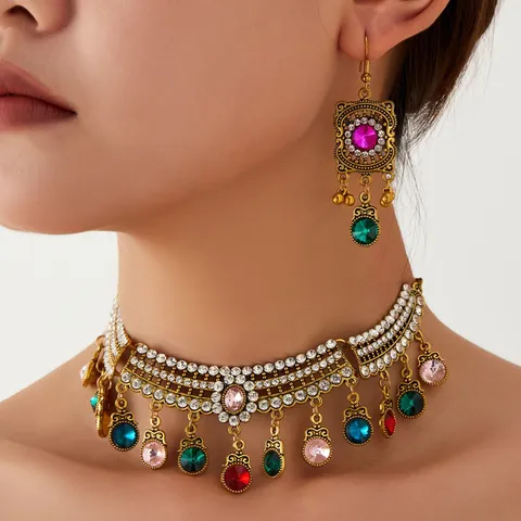 Vintage Ethnic Tassel Necklace Earrings Jewelry Set Alloy Rhinestone Boho Geometric Choker For Women Wedding Party Jewelry