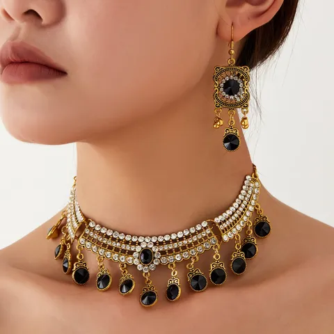 Vintage Ethnic Tassel Necklace Earrings Jewelry Set Alloy Rhinestone Boho Geometric Choker For Women Wedding Party Jewelry