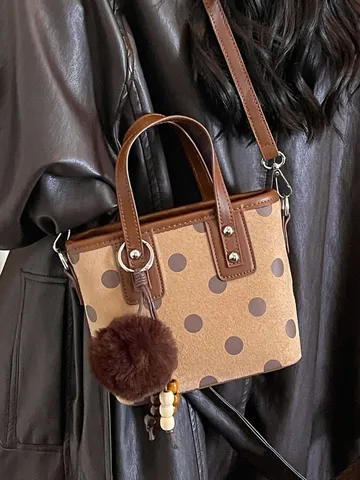 Sac Seau Vintage Pour Femmes À Motif Pois Niche Cuir PU De Qualité Supérieure Sac À Main Sac Bandoulière Avec Charme En Peluche Automne Hiver