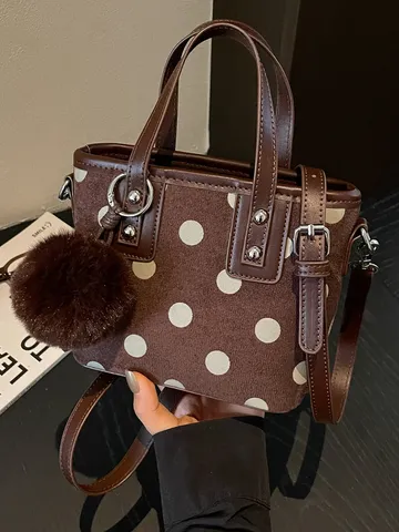 Sac Seau Vintage Pour Femmes À Motif Pois Niche Cuir PU De Qualité Supérieure Sac À Main Sac Bandoulière Avec Charme En Peluche Automne Hiver