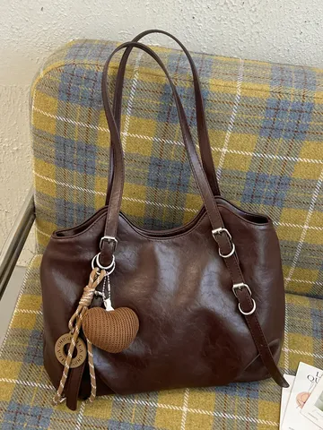 Vintage Maillard Braun Große Kapazität Tote Bag Für Damen Retro PU-Leder Unterarm Schultertasche Pendler Handtasche Mit Herzanhänger