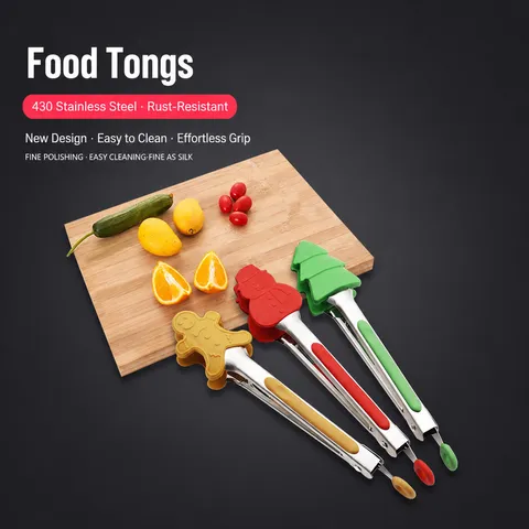 Pinze per Alimenti in Silicone Natalizio Manico in Acciaio Inossidabile Pinze da Cucina Resistenti al Calore per BBQ Bistecca Design Babbo Natale