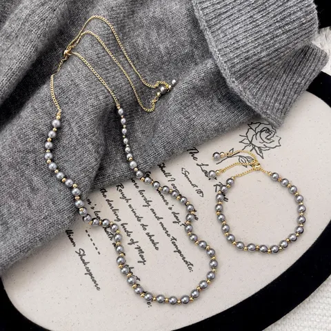 Franse Retro Zoetwaterparel Verstelbare Halsketting Armband Handgemaakte Lichte Luxe Grijs Witte Parel Sieraden Voor Vrouwen