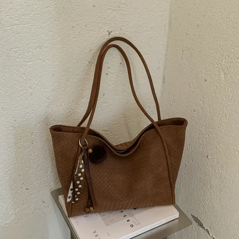 Bolso Tote Tejido para Mujer Cuero PU Gran Capacidad Bolso de Hombro Con Pañuelo Borla Pom Pom Chic Minimalista Diario