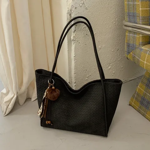 Bolso Tote Tejido para Mujer Cuero PU Gran Capacidad Bolso de Hombro Con Pañuelo Borla Pom Pom Chic Minimalista Diario