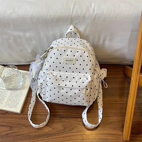 Sac à Dos en Toile à Pois pour Femmes Filles Style Preppy Décontracté Sac d'École de Voyage Avec Charrues en Ruban Étoilé Noir Blanc Rouge