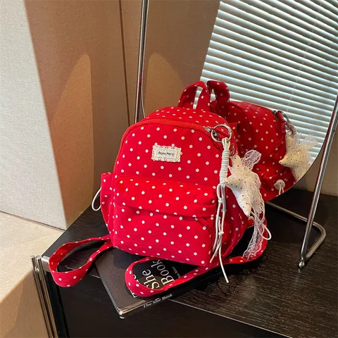 Sac à Dos en Toile à Pois pour Femmes Filles Style Preppy Décontracté Sac d'École de Voyage Avec Charrues en Ruban Étoilé Noir Blanc Rouge