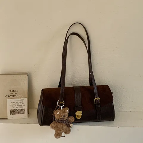 Damen Vintage Patchwork PU Leder Schultertasche Leopard Print Kleine Quadratische Tasche Mit Plüsch Teddybär Anhänger Retro Handtasche