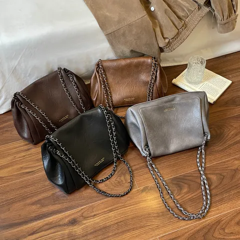 Bolso de Hombro de Cuero PU de Moda Para Mujer Gran Capacidad Cadena de Plata Color Sólido Diario Bolso Versátil Trabajo Citas