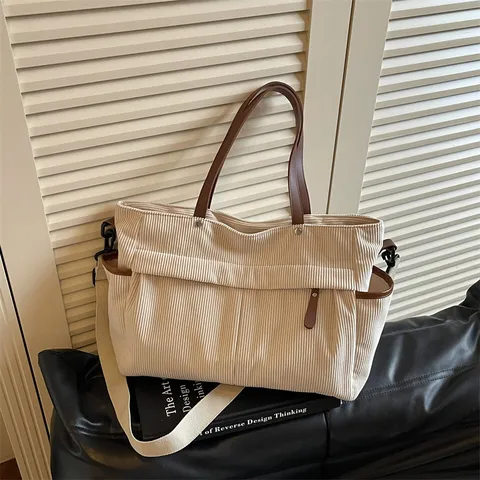 Damen Cord Umhängetasche Große Kapazität Shopper Mit Braunem Kunstledergriff Lässige Pendeltasche Schultertasche Für Frauen Alltag