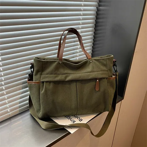 Damen Cord Umhängetasche Große Kapazität Shopper Mit Braunem Kunstledergriff Lässige Pendeltasche Schultertasche Für Frauen Alltag