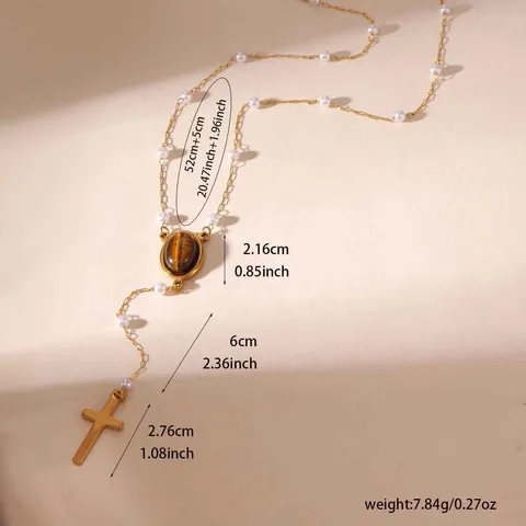 Collana Lunga Vintage a Forma di Y in Acciaio Inossidabile Placcato Oro Con Pendente a Croce e Nappina Pietra Occhio di Tigre e Perla Artificiale Gioielli Donna