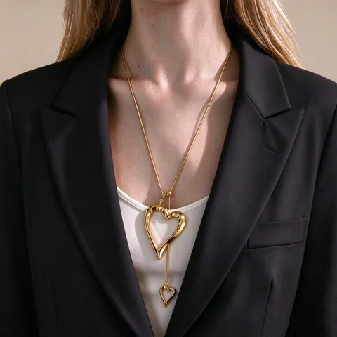 Collana a Y con Ciondolo a Cuore in Acciaio Inossidabile per Donna Placcato Oro 18K Catena a Serpente Lunga Nappina Gioielli