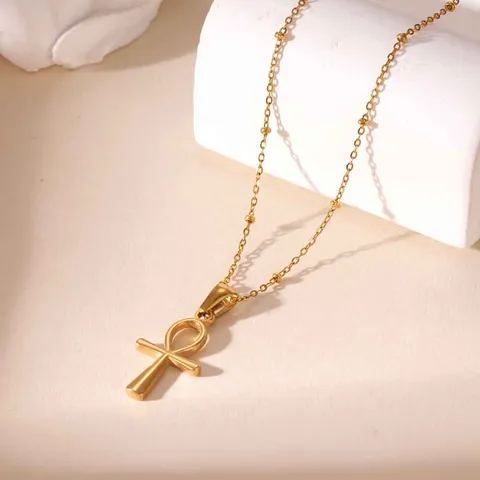 Collana con Ciondolo a Croce Ankh in Acciaio Inossidabile Oro per Donna Collana con Catena a Sfere Satellite Irregolare Gioielli Egiziani