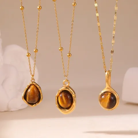 Collana con Ciondolo in Acciaio Inossidabile Placcato Oro 18K Pietra Occhio di Tigre per Donna Gioielli Retro Lusso Goccia d'Acqua
