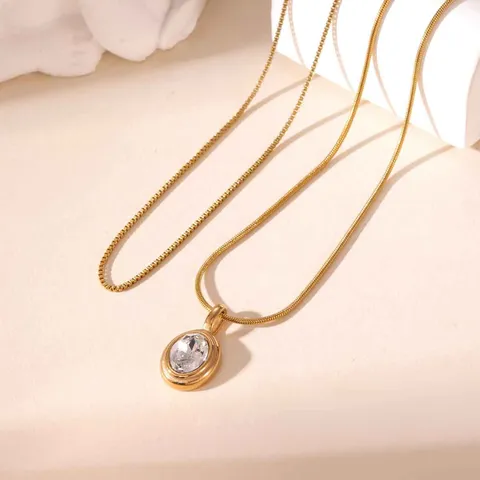 Collana a Doppio Strato in Acciaio Inossidabile Placcato Oro 18K Con Pendente in Zirconia Set per Donna Gioielli Eleganti