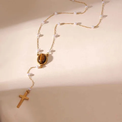 Collana Lunga Vintage a Forma di Y in Acciaio Inossidabile Placcato Oro Con Pendente a Croce e Nappina Pietra Occhio di Tigre e Perla Artificiale Gioielli Donna