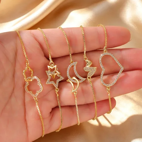 Bracciale in Acciaio Inossidabile Placcato Oro Catena Veneziana Regolabile per Donna Strass Cuore Stella Luna Fiore Gioielli