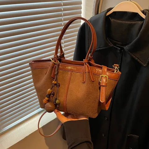 Dames Retro PU Lederen Emmertas Casual Effen Kleur Luipaardprint Schoudertas Met Houten Kralen Bedeltje Woon-werkverkeer Tote Tas