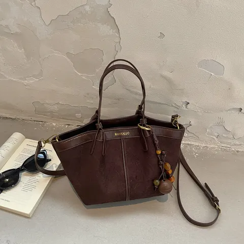 Dames Retro PU Lederen Emmertas Casual Effen Kleur Luipaardprint Schoudertas Met Houten Kralen Bedeltje Woon-werkverkeer Tote Tas