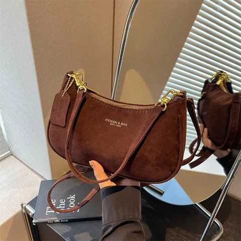 Bolso de Axila de Franela Minimalista Estilo INS Coreano de Media Luna para Mujer Bolso de Bandolera de Moda Bolso Cuadrado
