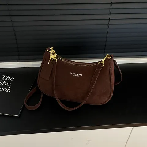 Bolso de Axila de Franela Minimalista Estilo INS Coreano de Media Luna para Mujer Bolso de Bandolera de Moda Bolso Cuadrado
