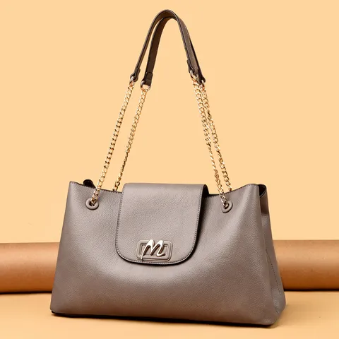 Damen Mode Lychee-Muster PU-Leder Tote Bag Street-Trend Kette Umhängetasche Große Kapazität Handtasche Mit Metall M-Logo