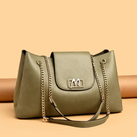 Damen Mode Lychee-Muster PU-Leder Tote Bag Street-Trend Kette Umhängetasche Große Kapazität Handtasche Mit Metall M-Logo