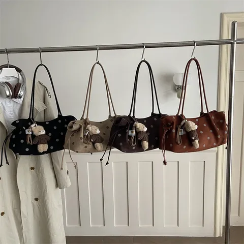 Τσάντα Tote από Λινό με Πουά Σχέδιο Μεγάλης Χωρητικότητας για Γυναίκες Κομψή Τσάντα Ώμου με Κορδόνι και Αρκουδάκι για Καθημερινή Μετακίνηση