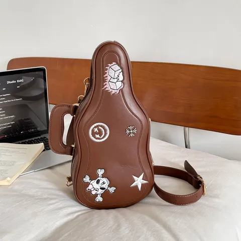 Women Rock Punk Guitar Shaped Crossbody Bag PU Leather Embroidery Shoulder Bag Fashionable Novelty Handbag For Daily Streetwear