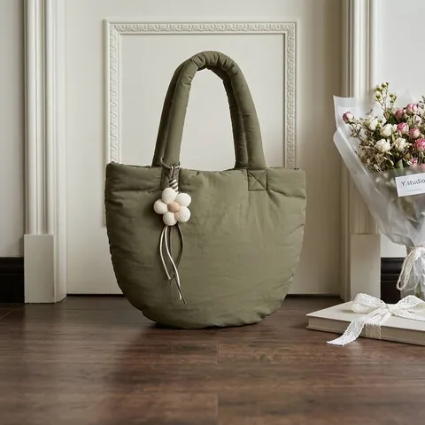Borsa a Mano Puffer Trapuntata Semplice da Donna Tinta Unita Borsa Tote Leggera per Pendolarismo da Ufficio Borsa a Secchiello Imbottita in Tessuto Morbido con Fiore