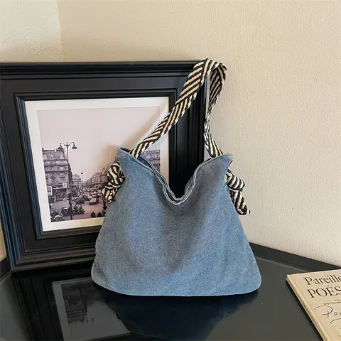 Borsa Tote in Denim da Donna Stile Coreano Grande Capacità Borsa a Spalla Casuale Con Tracolla a Righe Borsa Hobo Minimalista per Viaggio Quotidiano