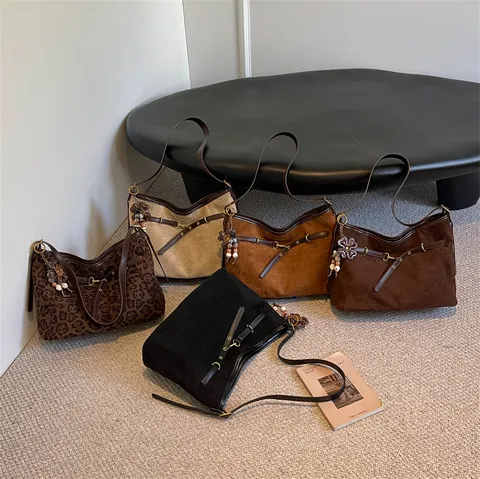 Vintage Fluweel Grote Capaciteit Draagtas Voor Vrouwen Retro Effen Kleur Luipaardprint Schoudertas Woon-werkverkeer Dagelijkse Crossbody Handtas