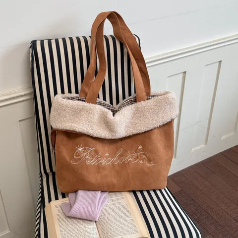 Women's Fashion Denim Printed Tote Bag Casual Fabric Shoulder Bag With Faux Lamb Wool Trim Embroidery Polka Dot Striped Bag