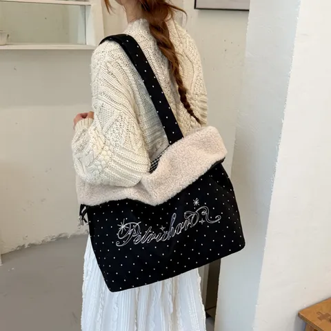 Women's Fashion Denim Printed Tote Bag Casual Fabric Shoulder Bag With Faux Lamb Wool Trim Embroidery Polka Dot Striped Bag