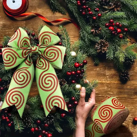 Christmas Green Wired Ribbon With Red Glitter Swirl Pattern For Xmas Tree Wreath Gift Wrapping Decoration Festive Supplies